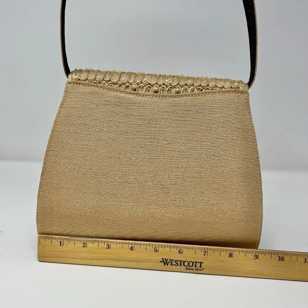 Timmy Woods Beverly Hills Purse Gold Textured w/High Relief Pearl Embroidery
